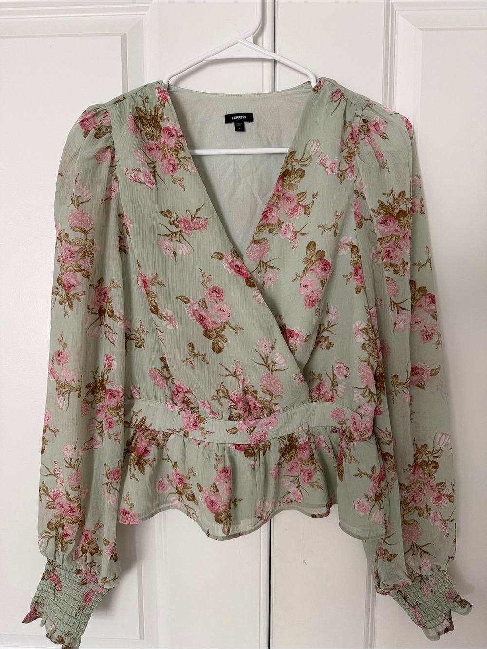 Express Sage Green Floral Wrap Peplum Blouse